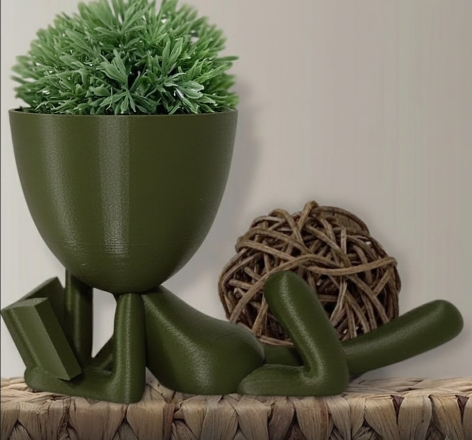 Figure lying down with book for succulent plant