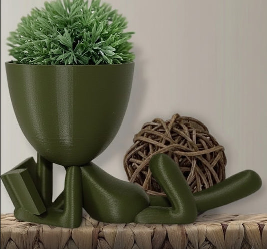 Figure lying down with book for succulent plant